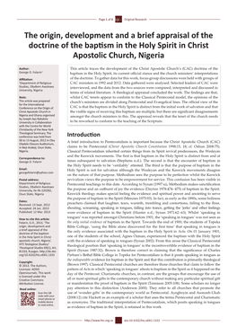 The Origin, Development and a Brief Appraisal of the Doctrine of the Baptism in the Holy Spirit in Christ Apostolic Church, Nigeria