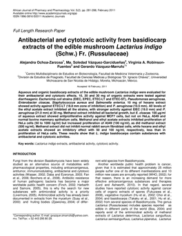 Antibacterial and Cytotoxic Activity from Basidiocarp Extracts of the Edible Mushroom Lactarius Indigo (Schw.) Fr