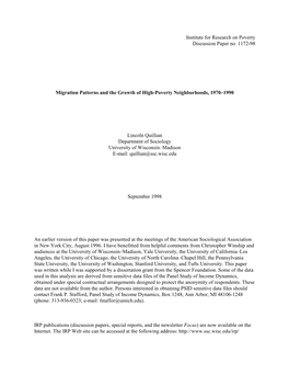 Institute for Research on Poverty Discussion Paper No. 1172-98 Migration Patterns and the Growth of High-Poverty Neighborhoods