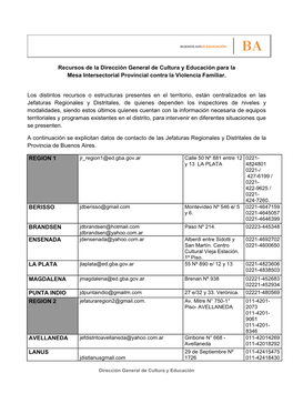 Recursos De La Dirección General De Cultura Y Educación Para La Mesa Intersectorial Provincial Contra La Violencia Familiar