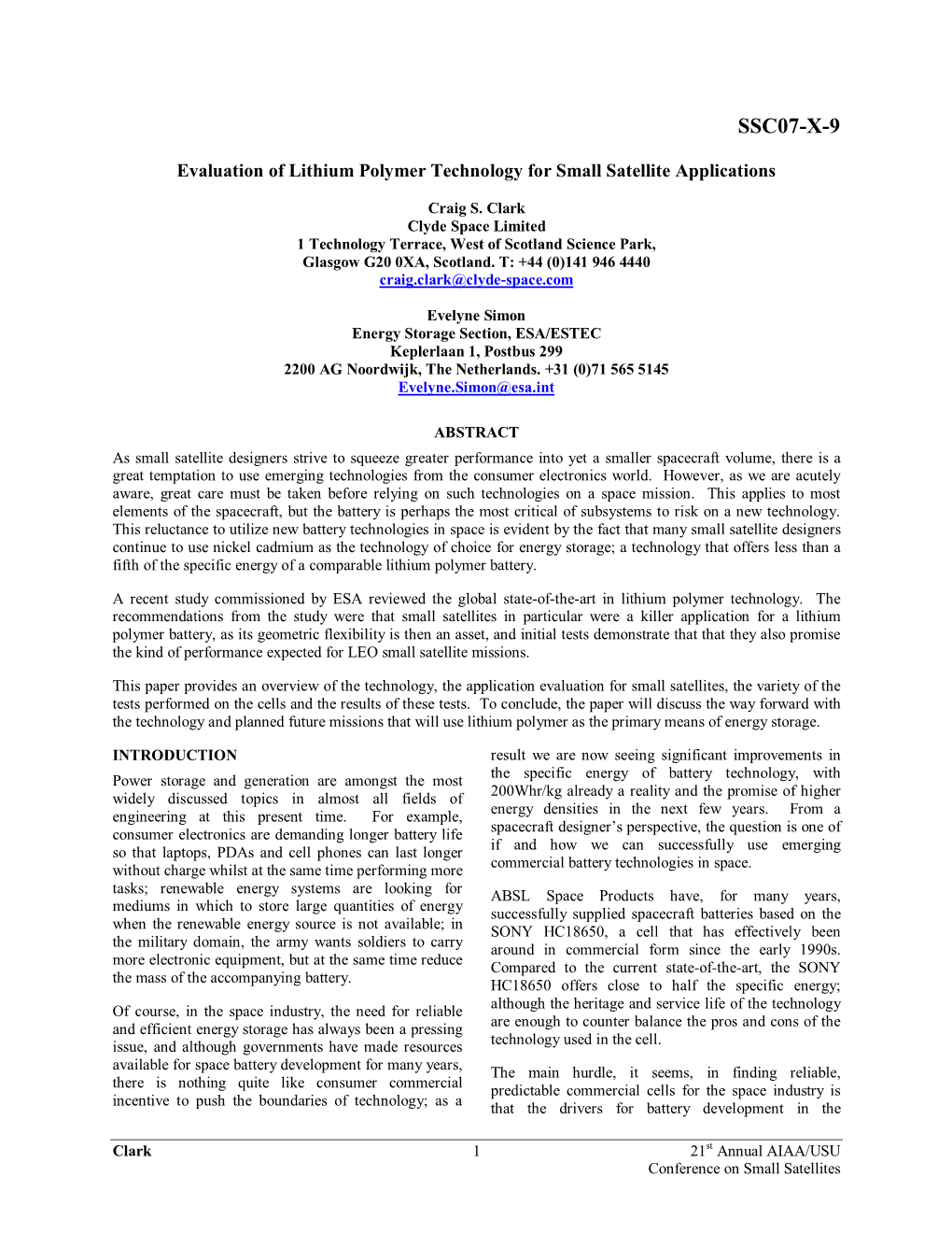 Evaluation of Lithium Polymer Technology for Small Satellite Applications