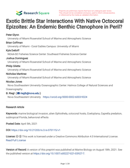 Exotic Brittle Star Interactions with Native Octocoral Epizoites: an Endemic Benthic Ctenophore in Peril?