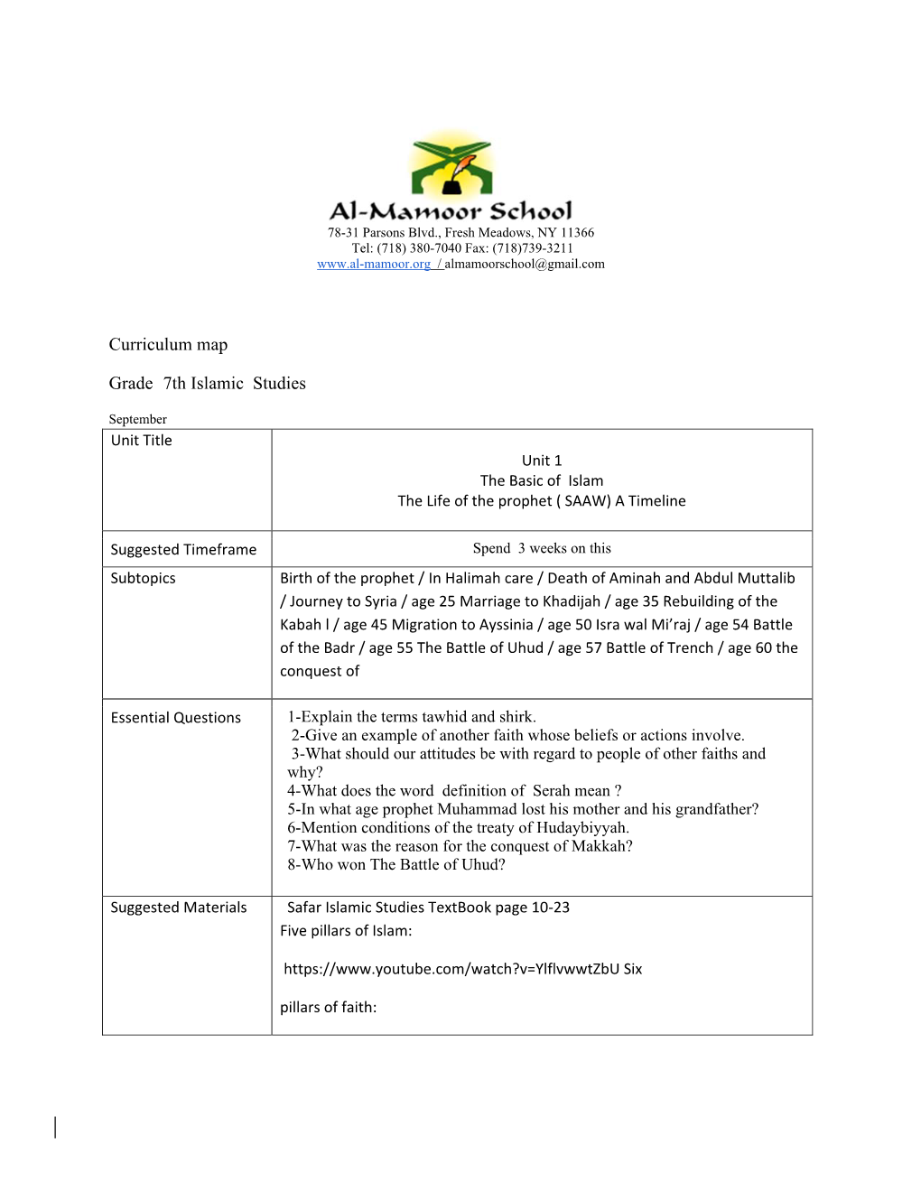 Curriculum Map Grade 7Th Islamic Studies