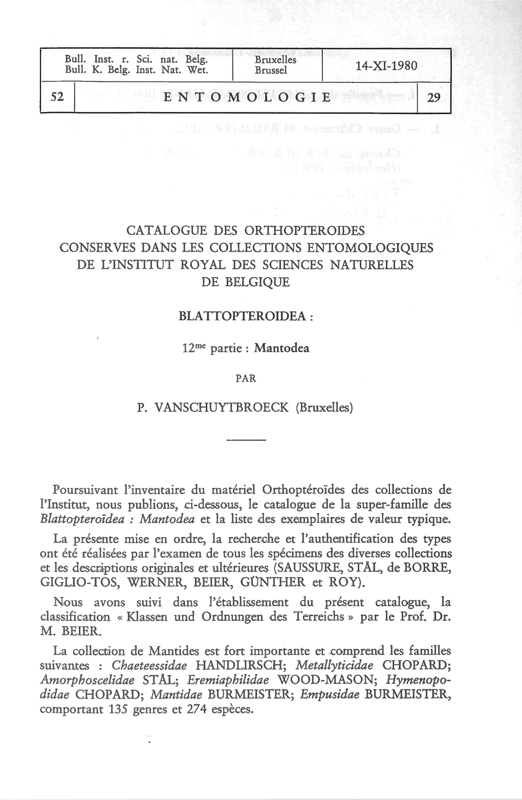 52 1 Entomologie 14-Xi-1980 Catalogue Des