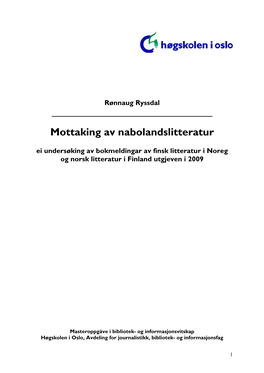 Mottaking Av Finsk Litteratur I Noreg Og Norsk Litteratur I Finland 2007