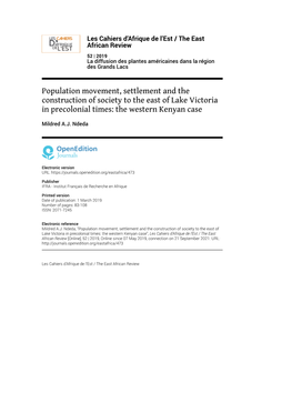 Population Movement, Settlement and the Construction of Society to the East of Lake Victoria in Precolonial Times: the Western Kenyan Case