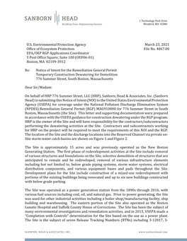 Re: Notice of Intent for the Remediation General Permit Temporary Construction Dewatering for Demolition 776 Summer Street, South Boston, Massachusetts