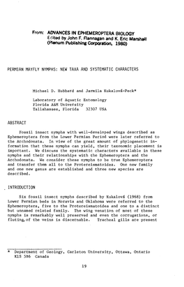 Permian Mayfly Nymphs: New Taxa Ano Systematic Characters Abstract