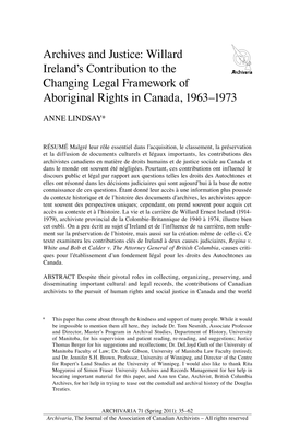 Archives and Justice: Willard Ireland's Contribution to the Changing Legal Framework of Aboriginal Rights in Canada, 1963–