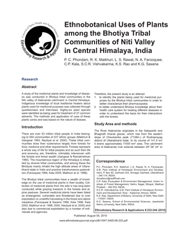 Ethnobotanical Uses of Plants Among the Bhotiya Tribal Communities of Niti Valley in Central Himalaya, India P