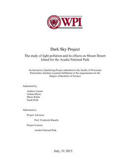 Dark Sky Project the Study of Light Pollution and Its Effects on Mount Desert Island for the Acadia National Park