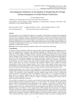 Sociolinguistic Influences on the Quality of Interpreting for Foreign African Immigrants in South African Courtrooms