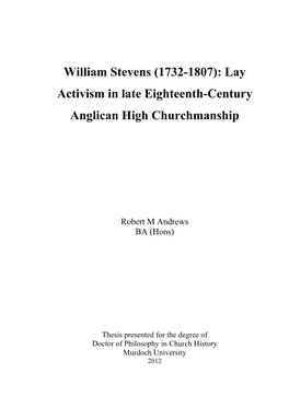 William Stevens (1732-1807): Lay Activism in Late Eighteenth-Century Anglican High Churchmanship