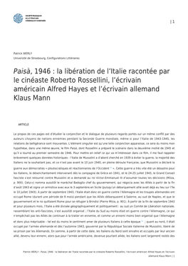 Patrick WERLY : &lt;Em&gt;Paisà&lt;/Em&gt;, 1946 : La Libération De L'italie
