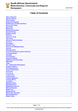 South African Government Media Directory: Community and Regional Newspapers 2021-09-23