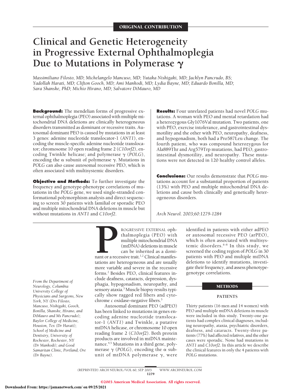 Clinical and Genetic Heterogeneity in Progressive External Ophthalmoplegia Due to Mutations in Polymerase ␥