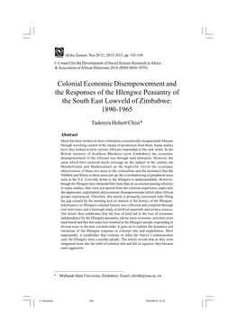 Colonial Economic Disempowerment and the Responses of the Hlengwe Peasantry of the South East Lowveld of Zimbabwe: 1890-1965