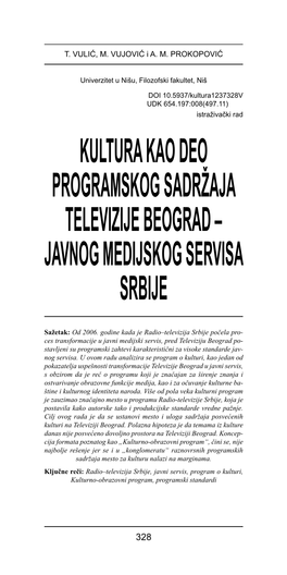 Kultura Kao Deo Programskog Sadržaja Televizije Beograd – Javnog Medijskog Servisa Srbije