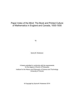 The Book and Printed Culture of Mathematics in England and Canada, 1830-1930