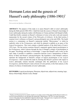 Hermann Lotze and the Genesis of Husserl's Early Philosophy