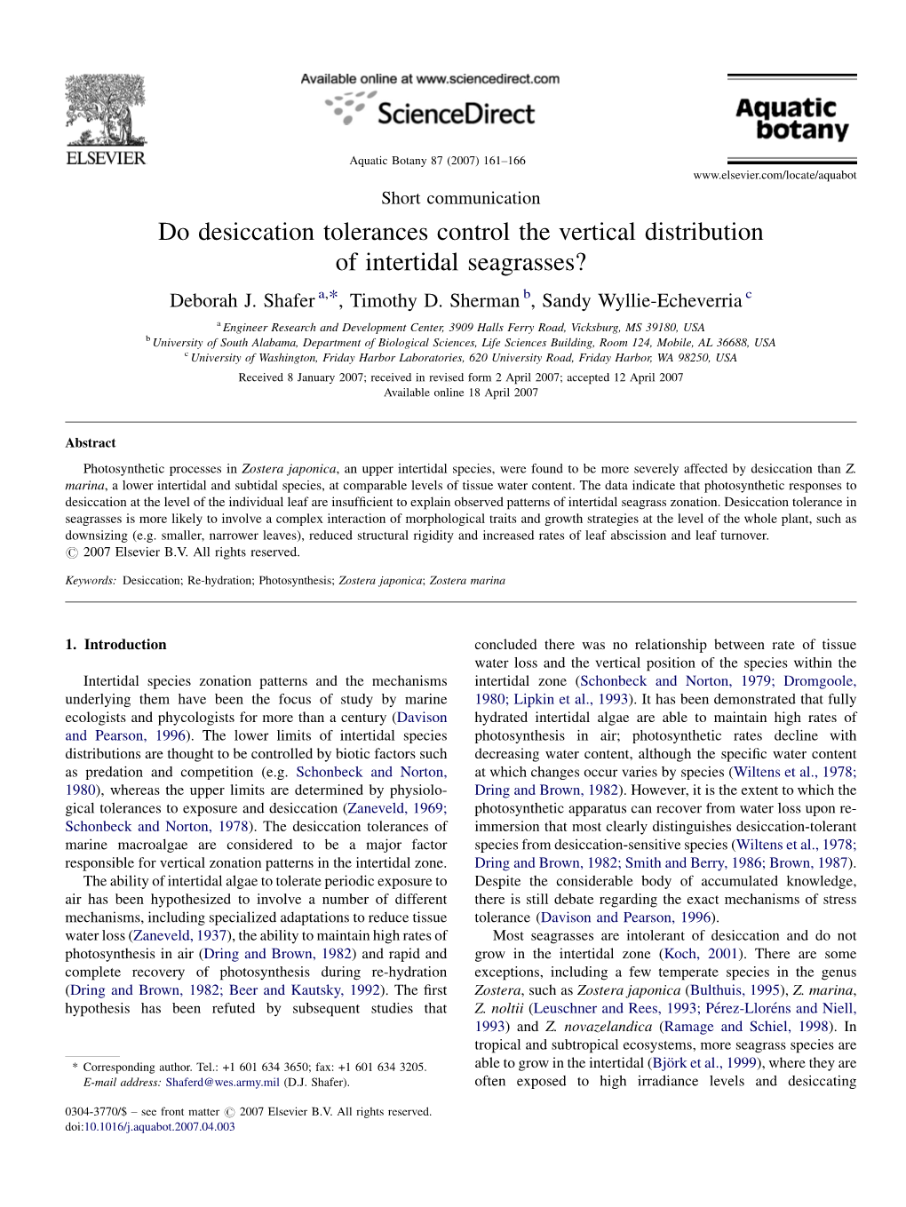 Do Desiccation Tolerances Control the Vertical Distribution of Intertidal Seagrasses? Deborah J