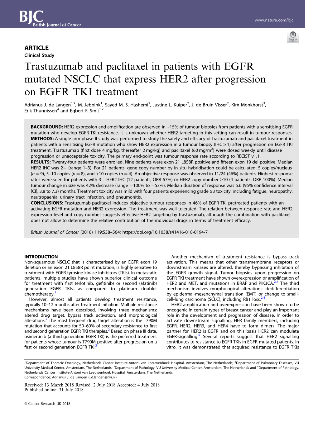 Trastuzumab and Paclitaxel in Patients with EGFR Mutated NSCLC That Express HER2 After Progression on EGFR TKI Treatment