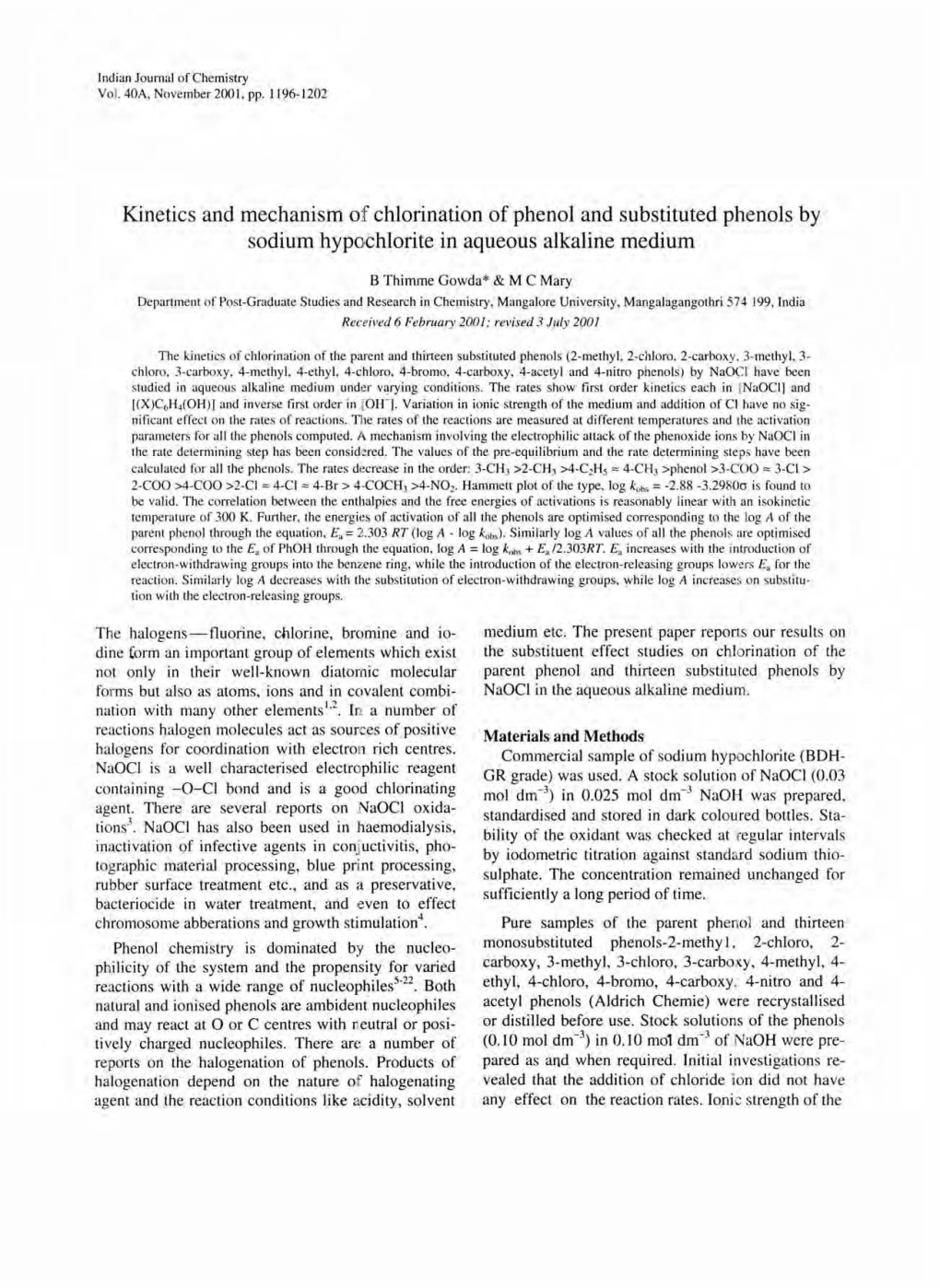 Kinetics and Mechanism of Chlorination of Phenol and Substituted Phenols by Sodium Hypochlorite in Aqueous Alkaline Medium