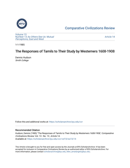 The Responses of Tamils to Their Study by Westerners 1608-1908