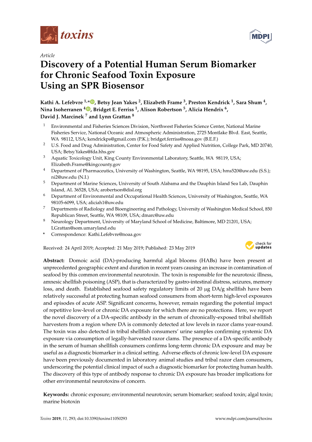 Discovery of a Potential Human Serum Biomarker for Chronic Seafood Toxin Exposure Using an SPR Biosensor