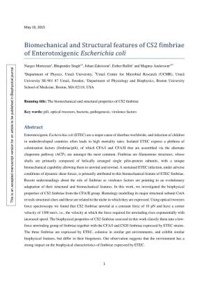 Biomechanical and Structural Features of CS2 Fimbriae of Enterotoxigenic Escherichia Coli !