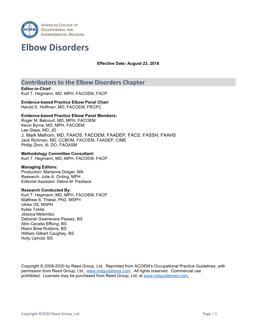 Elbow Disorders Guideline