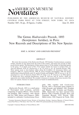The Genus Hadruroides Pocock, 1893 (Scorpiones: Iuridae), in Peru: New Records and Descriptions of Six New Species