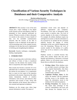 Classification of Various Security Techniques in Databases and Their Comparative Analysis