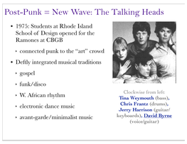Post-Punk = New Wave: the Talking Heads • 1975: Students at Rhode Island School of Design Opened for the Ramones at CBGB