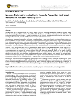 Measles Outbreak Investigation in Nomadic Population Nasirabad, Balochistan, Pakistan February 2018
