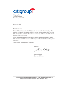 Citigroup Inc. 399 Park Avenue New York, NY 10043 March 15, 2005