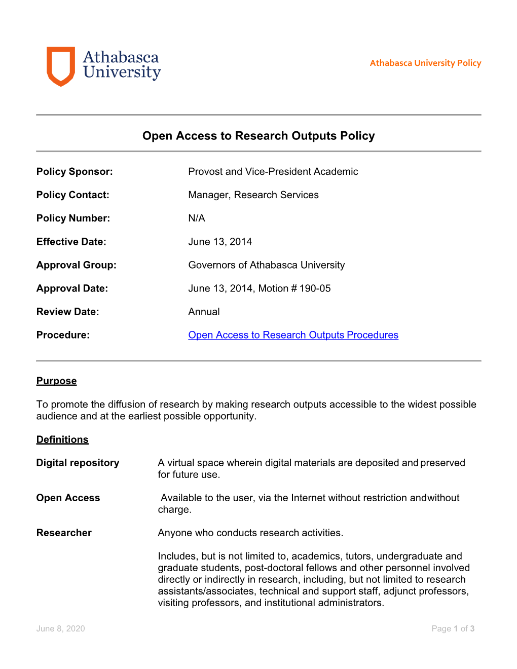 Open Access to Research Outputs Policy