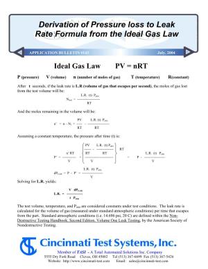 Derivation of Pressure Loss to Leak Rate Formula from the Ideal Gas Law