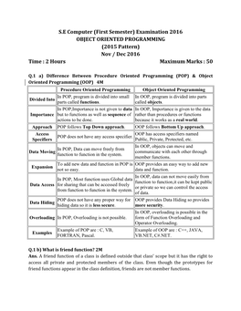 Examination 2016 OBJECT ORIENTED PROGRAMMING (2015 Pattern) Nov / Dec 2016 Time : 2 Hours Maximum Marks : 50