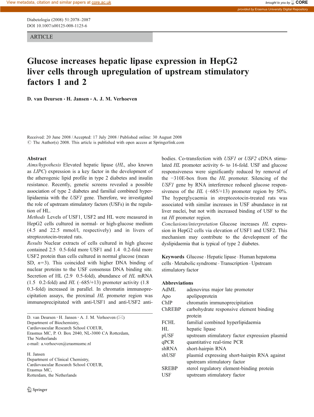 Glucose Increases Hepatic Lipase Expression in Hepg2 Liver Cells Through Upregulation of Upstream Stimulatory Factors 1 and 2