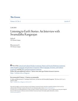 Listening to Earth Stories: an Interview with Swarnalatha Rangarajan Sufina K VIT Chennai Campus