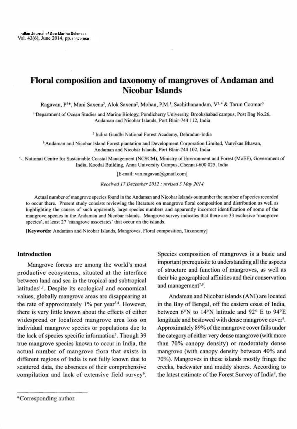 Floral Composition and Taxonomy of Mangroves of Andaman and Nicobar Islands