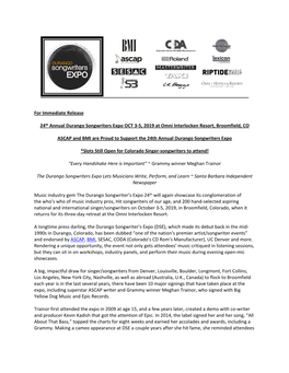 For Immediate Release 24Th Annual Durango Songwriters Expo OCT 3