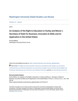 An Analysis of the Right to Education in Hurley and Moore V. Secretary of State for Business, Innovation & Skills and Its Application in the United States