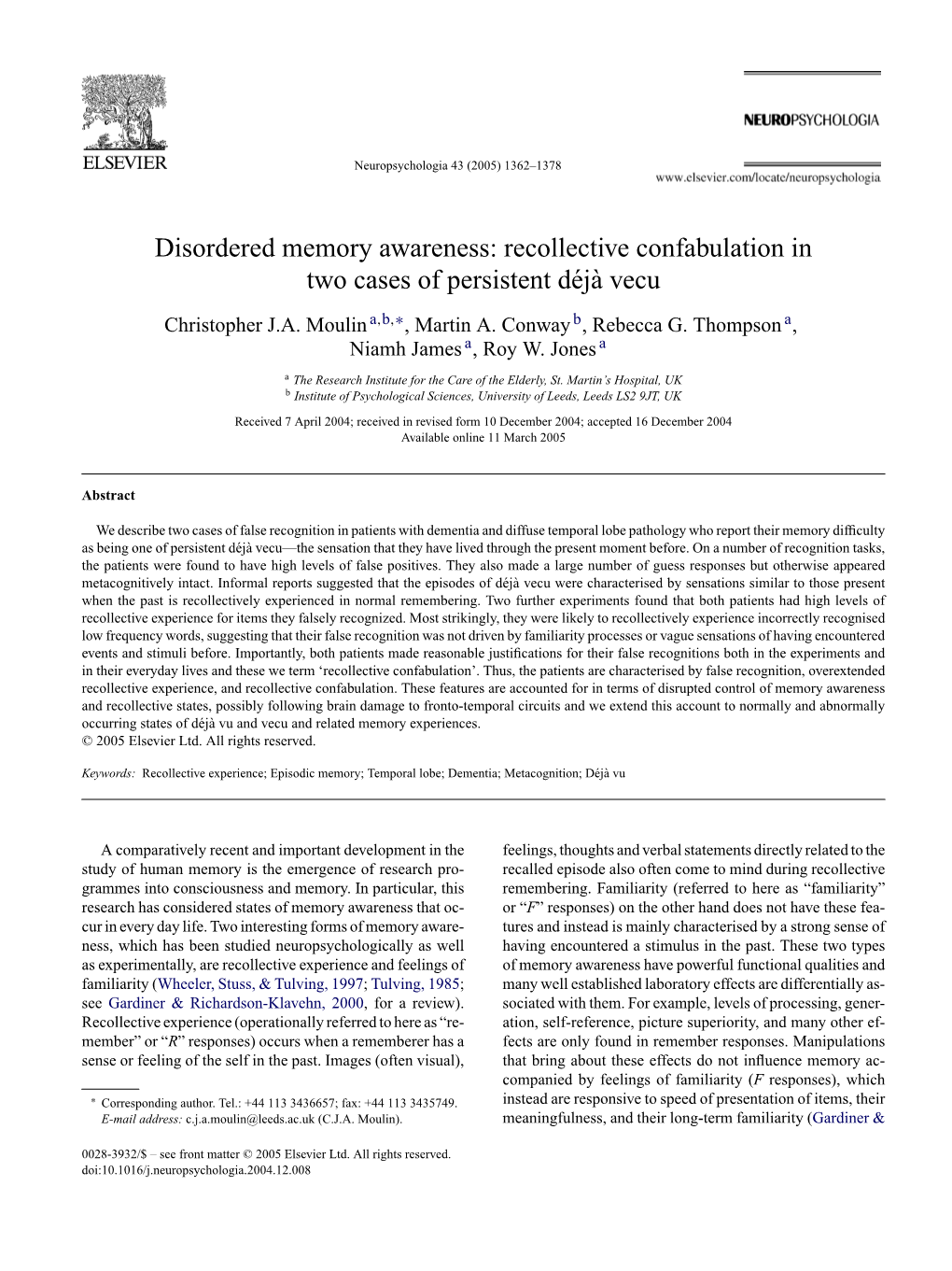 Disordered Memory Awareness: Recollective Confabulation in Two Cases of Persistent Déj`A Vecu