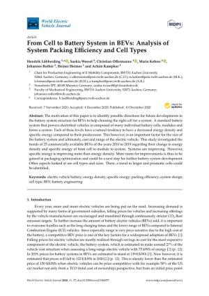From Cell to Battery System in Bevs: Analysis of System Packing Eﬃciency and Cell Types