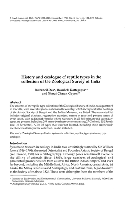 History and Catalogue of Reptile Types in the Collection of the Zoological Survey of India
