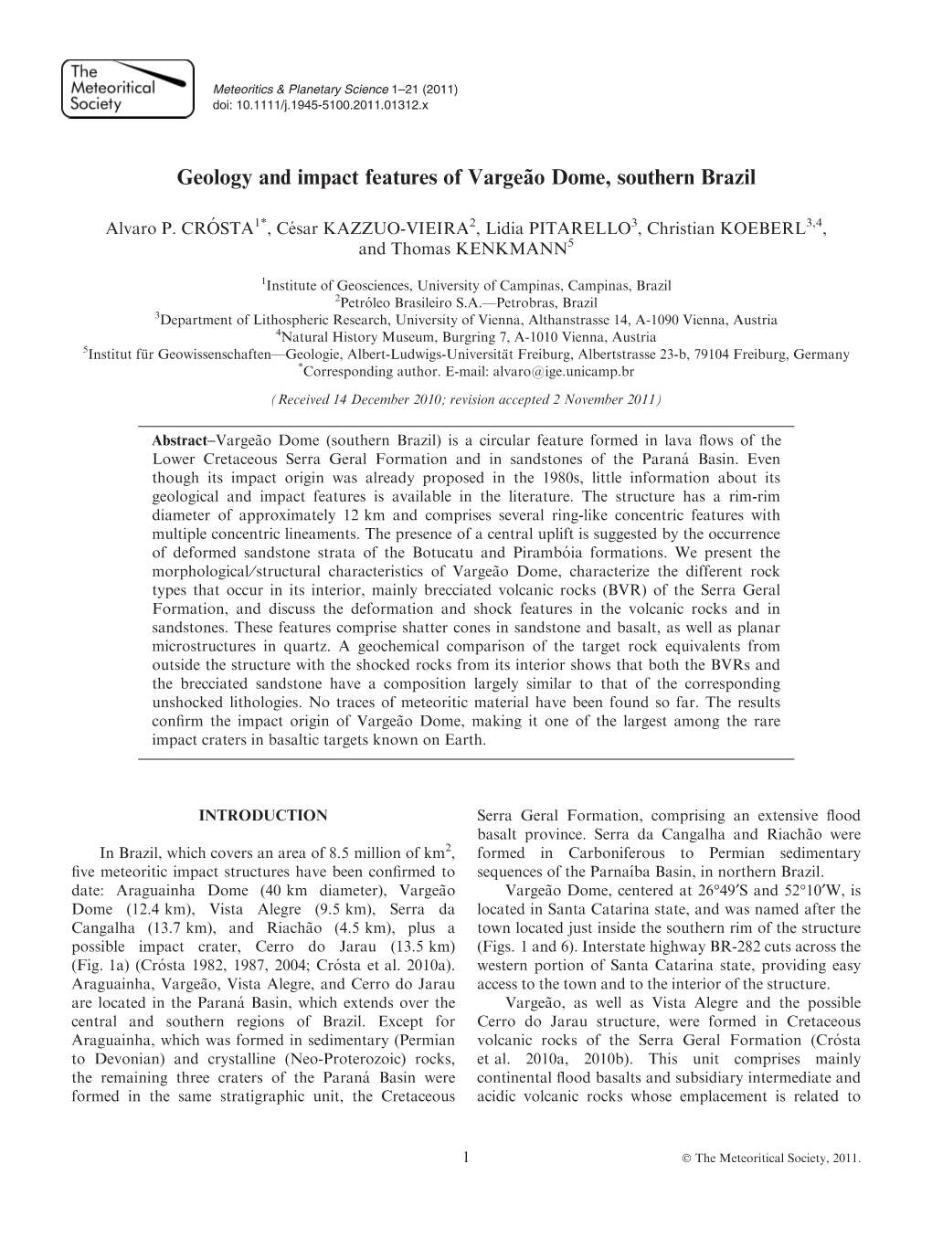 Geology and Impact Features of Vargeo Dome, Southern Brazil