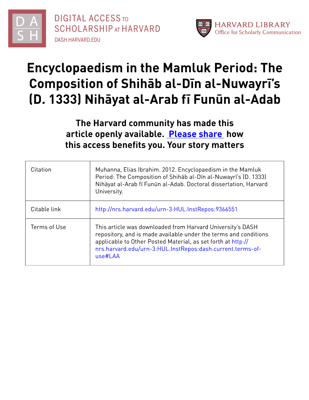 Encyclopaedism in the Mamluk Period: the Composition of Shihāb Al-Dīn Al-Nuwayrī’S (D