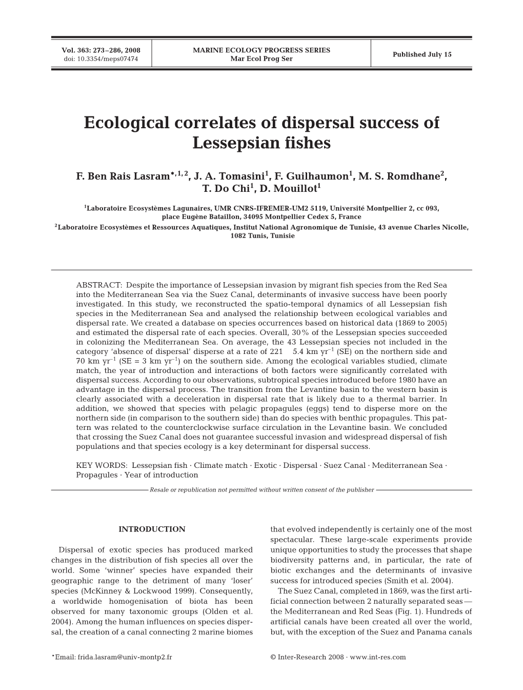 Ecological Correlates of Dispersal Success of Lessepsian Fishes